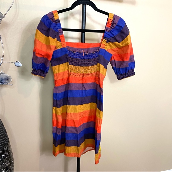 Farm Rio Rainbow Puff Sleeve Linen Mini Dress - Picture 8 of 10